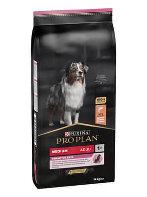 Purina PRO PLAN Medium Adult Sensitive Skin with OPTIDERMA® 14 kg. Pro Plan täissööt lōhega tundliku seedimisega ning allergilistele täiskasvanud koertele