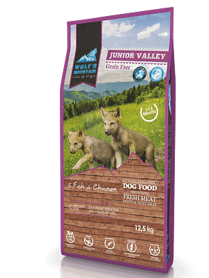 Wolfs-Mountain-junior-valley-dog-premium-grain-free-food-12.5kg 2 kg. Wolf's Mountain teraviljavaba kutsikatoit kala ja kanalihaga
