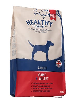 healthy-paws-game-millert-kuivtoit-taiskasvanud-koertele-pardi-hirve-ja-janeselihaga-2-kg.jpg 2 kg. Healthy Paws Game & Millet  täissööt täiskasvanud koertele pardi-,hirve-ja jäneselihaga