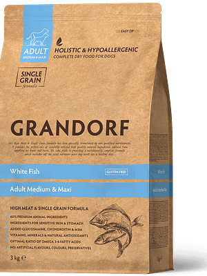 GD white fish 3 kg. Grandorf täissööt kaskmist-ja suurt kasvu täiskasvanud koertele valge kala ja pruuni riisiga