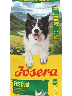 4032254785958_Hund_Josera_AllSizes_Adult_Festival_12kg_frontal 12,5 kg. Josera Festival täissööt täiskasvanud koertele lõhega, mille graanulid on kaetud kastmejahuga
