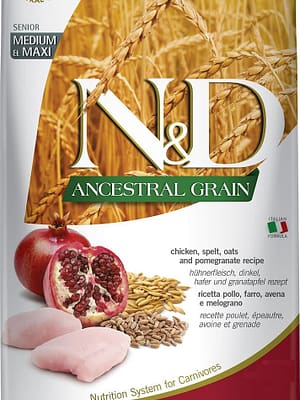 Farmina N&D Ancrestral Grain Chicken &Pomegranate Senior Medium-Maxi 12 kg. Farmina Lowgrain täissööt keskmist-ja suurt kasvu seeniorkoertele kaera ja kanalihaga