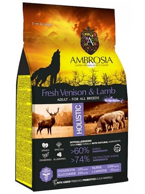 Ambrosia Adult Venison and Lamb 12 kg. Ambrosia teraviljavaba täissööt uluki-ja lambalihaga igas suuruses täiskasvanud koertele