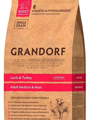 GRANDORF_ADULT_medium maxi 10 kg. Grandorf täissööt keskmist ja suurt kasvu täiskasvanud koertele lamba-ja kalkuniliha ja pruuni riisiga