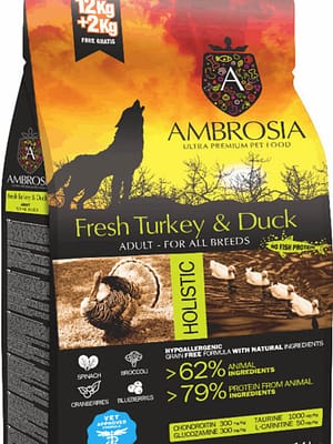 ambrosia_grain_free_adult_turkey_duck_ 12 kg. Ambrosia teraviljavaba täissööt igas suuruses täiskasvanud koertele kalkuni-ja pardilihaga