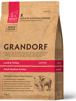 medium maxi lamb and turkey 3 kg. Grandorf täissööt kaskmist- ja suurt kasvu täiskasvanud koertele lamba-ja kalkuniliha ja pruuni riisiga