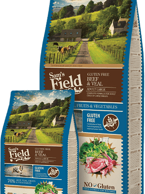 10218_60fbc0c1cb55d0.37689852_sams-pes-prod-beef-veal-large.png 13 kg. Sam`s Field gluteenivaba täissööt suurt tõugu täiskasvanud koertele veiselihaga
