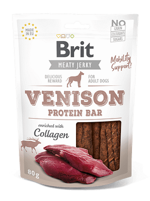 10409_6090da16c5eaf3.77823891_3D_PROTEIN-BAR_VENISON-with-collagen_80g.png Brit Jerky Venison Protein Bar Snack teraviljavaba närimismaius koertele 80g