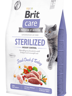 10581_60e590a6bca2e6.73935373_18461_BCC_Dry_food_2kg_STERILIZED_WEIGHT_CONTROL.png 2 kg. Brit Care teraviljavaba vähendatud rasvasisaldusega täissööt kassidele pardi-ja kalkunilihaga