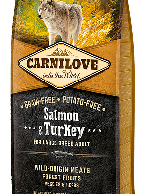 2800_602ba7843494f5.30310954_3D_salmon_turkey_12kg_01_RGB.png 12 kg. CarniLove teravilja-ja kartulivaba täissööt suurt kasvu täiskasvanud koertele lõhe ja kalkunilihaga