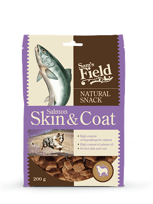 3420_602bca30e6ac21.05129825_sam-dog-snack-skin-1.png Sam's Field Natural maius koertele Skin & Coat lõhe ja riisiga 200gr.