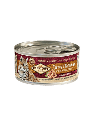 5499_602f7443aa4d05.15653661_17046_CL_CAT_CAN_100g_turkey20and20reindeer_for20adult20cats_3D_RGB_150dpi.png 6 x 100 gr. CarniLove teraviljavaba konservsööt kassidele kalkuni-, põhjapõdraliha ja jõhvikatega