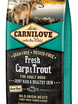 5665_602a9d2eeded40.32735803_3D_carp_trout_12kg_01.png 12 kg. CarniLove teravilja-ja kartulivaba täissööt täiskasvanud koertele karpkala ja forelliga