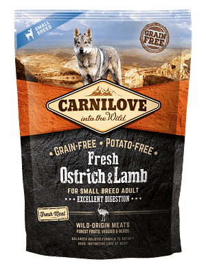 5669_6024c5254f31a8.46027910_3D_ostrich_lamb_12C5kg_01.png 1,5 kg. CarniLove teravilja-ja kartulivaba täissööt väikest kasvu täiskasvanud koertele lamba-ja jaanalinnulihaga