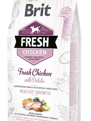 5692_602b6fa2b9d117.00752507_FRESH_chicken_junior_2500g_3D.png 2,5 kg. Brit Fresh gluteenivaba täissööt keskmist kasvu kutsikatele ja juuniorkoertele kanaliha ja kartuliga