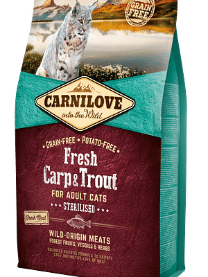 5704_602b80f1ba6b86.52994264_CL_cat_carp_trout_2kg_3D2028429.png 2 kg. CarniLove teravilja-ja kartulivaba täissööt steriliseeritud/kastreeritud kassidele karpkala ja forelliga