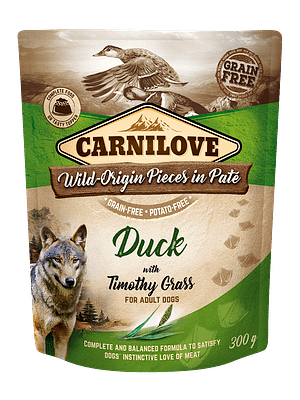 6661_6024b966a72329.65287641_3D__18220_CL_WET20FOOD_DOG_300g_pouche_DUCK.png 300 gr. Carnilove teraviljavaba konservsööt täiskasvanud koertele pardi-ja kalkunilihaga