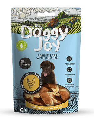 7229_602fc73d6b9e94.45621677_Rabbit20ears20with20chicken20kuceniem.png Doggy Joy maius kutsikatele jänesekõrvad kanafileega 90 g.