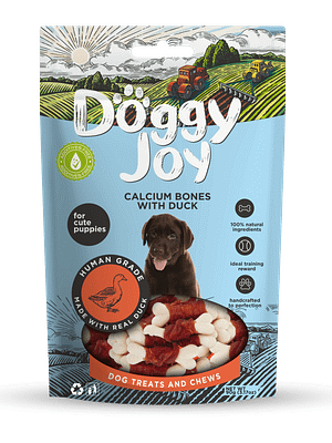 7230_602fc7daaea5e3.62419611_Calcium20bones20with20duck20kuceniem.png Doggy Joy Calcium Bones pardilihaga närimismaiused kutsikale 90 gr.