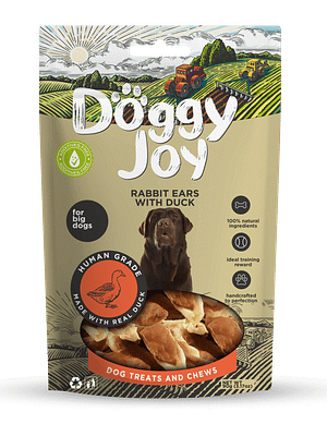 7237_602fd3903f1a24.51337152_Rabbit20ears20with20duck20lieliem.png Doggy Joy keskmist ja suurt tõugu koertele mõeldud närimismaius - küülikukõrvad pardilihaga 90 gr.