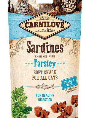 7366_602fbcb97b8206.86134060_CL_SNACKS_CAT_sardine26parsley_3D_50g.png CarniLove teraviljavabad pool pehmed närimismaiused kassile sardiiniga 50 g.