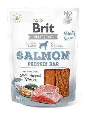 7503_6083c232bc2be7.62117716_3D_PROTEIN-BAR_SALMON-with-green-lipped-mussels_80g.png Brit Jerky Salmon Protein Bar Snack teraviljavaba närimismaius koertele 80g
