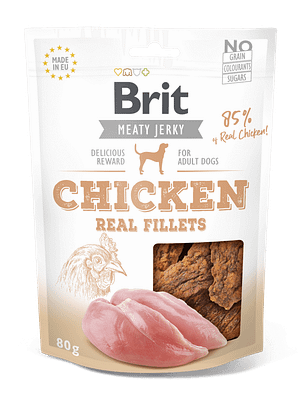 7505_6083c5b2379833.24344310_3D_REAL-FILLETS_chicken_80g.png Brit Jerky Chicken Real Fillets Snack teraviljavaba närimismaius koertele 80g