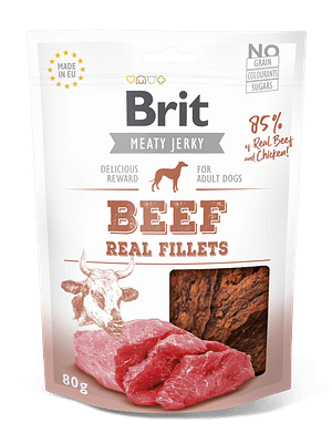 7506_6083c9020a3534.57297908_3D_REAL-FILLETS_beef_80g.png Brit Jerky Beef Real Fillets Snack teraviljavaba närimismaius koertele 80g