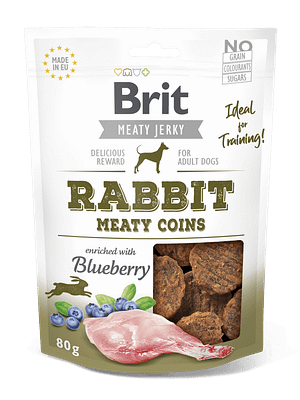 7507_6083cabe2a6708.98569763_3D_MEATY-COINS_RABBIT-26-BLUEBERRY_80g.png Brit Jerky Rabbit Meaty Coins Snack teraviljavaba närimismaius koertele 80g
