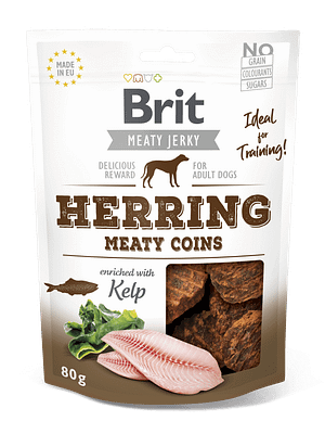7508_6083d0793f7ce3.71587851_3D_MEATY-COINS_HERRING-26-KELP_80g.png Brit Jerky Herring Meaty Coins Snack teraviljavaba närimismaius koertele 80g