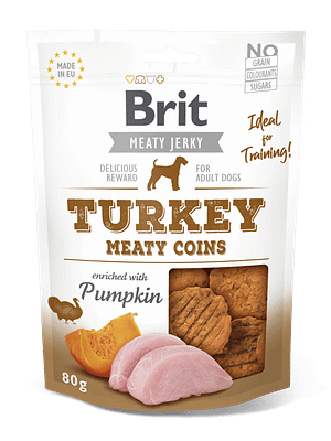 7509_6083ccb19a64e0.45784357_3D_MEATY-COINS_TURKEY-26-PUMPKIN_80g.png Brit Jerky Turkey Meaty Coins Snack teraviljavaba närimismaius koertele 80g