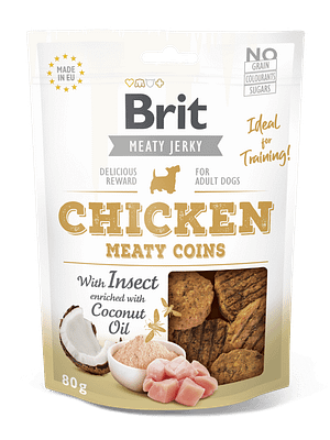 7510_6083d3e7f1fb82.47671576_3D_MEATY-COINS_chicken_insect_80g.png Brit Jerky Chicken Meaty Coins Snack teraviljavaba närimismaius koertele 80g