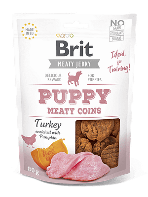 7511_6083cee1aac074.81627089_3D_MEATY-COINS_puppy_80g.png Brit Jerky Puppy Turkey Meaty Coins teraviljavaba närimismaius kutsikatele 80g