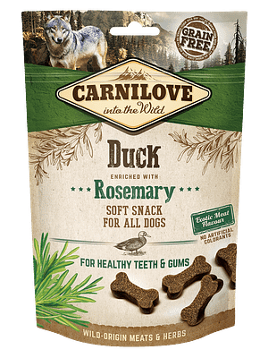 CL_SNACKS_DOG_duckrosemarry_3D_200g.png CarniLove teraviljavaba pehme maius koertele pardiliha ja rosmariiniga 200 gr.