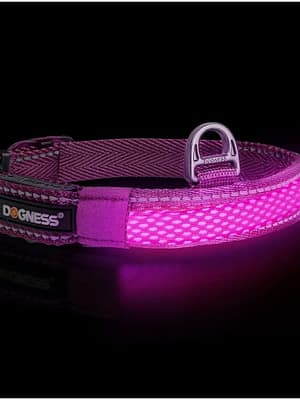 led-valgusega-tekstiilist-kaelarihm-koerale-lilla LED valgusribaga lilla kaelarihm, 8 valgusrežiimi