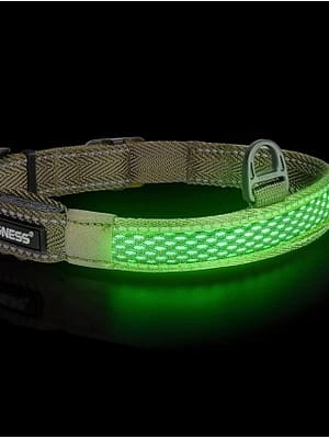 pruun LED valgusribaga pruunist tekstiilist kaelarihm, 8 valgusrežiimi