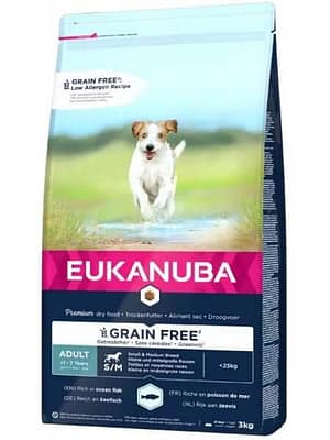 EUKANUBA GRAIN FREE ADULT DOGS OF SMALL & MEDIUM BREEDS FOOD WITH FRESHLY FROZEN SALMON 12 kg. Eukanuba teraviljavaba täissööt väikest-ning keskmist kasvu täiskasvanud koertele värskelt külmutatud lõhega
