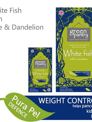 Green-Pantry-White-Fish-Main 1,5 kg. Green Pantry keemiavaba täissööt igas suuruses ja vanuses koertele valge kalaga, rasva vaid 6%!