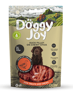 11187_61a7bb158ba733.27291808_Duck20fillet20on20chewy20stick20lieliem.png Doggy Joy närimismaiused suurt kasvu koertele veisenahast ja pardifileest 90 gr.