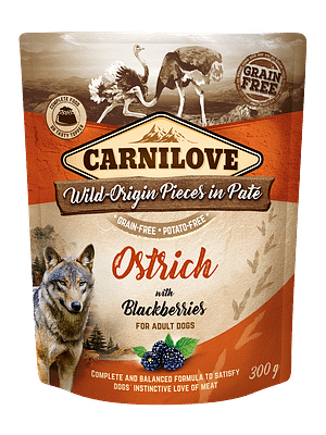 7522_607d7e6e3e4859.07929517_3D__18220_CL_WET20FOOD_DOG_300g_pouche_OSTRICH.png 300 gr. Carnilove teraviljavaba konservtoit täiskasvanud koertele jaanalinnuliha ja põldmarjadega