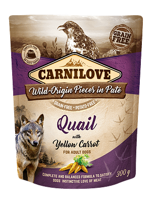 7523_607d84df025a48.32805531_3D__18220_CL_WET20FOOD_DOG_300g_pouche_QUAIL.png 300 gr. Carnilove teraviljavaba konservtoit täiskasvanud koertele vutiliha ja kollase porgandiga