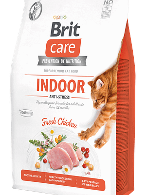 7516_6075b51c8e9f20.05945444_18461_BCC_Dry_food_2kg_INDOOR.png 2 kg. Brit Care teraviljavaba täissööt Anti-Stress tubastele täiskasvanud kassidele kanalihaga