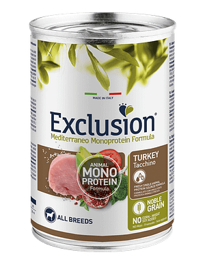 exclusion kalkuniga 12 x 400 gr. Exclusion Mediterraneo Monoprotein nisu-ja gluteenivaba täissööt täiskasvanud koertele kalkunilihaga