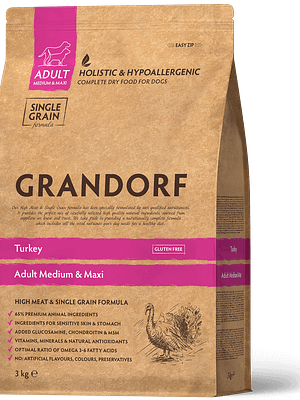medium maxi turkey 3 kg. Grandorf täissööt kalkuniliha ja pruuni riisiga keskmist ja suurt kasvu täiskasvanud koertele