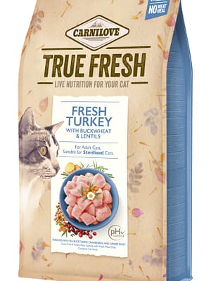 8595602561452.jpg 1,8 kg. Carnilove True Fresh tervilja-ja kartulivaba täissööt kalkunilihaga täiskasvanud ja steriliseeritud kassidele