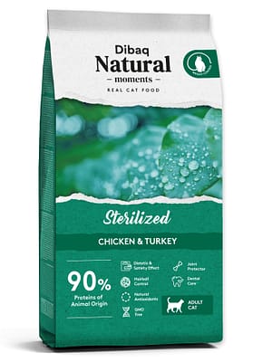 Dibaq-Natural-Moments-CAT-STERILIZED-CHICKENTURKEY 2 kg. Dibaq Natural Moments täissööt täiskasvanud steriliseeritud kassidele kalkuni-ja kanalihaga