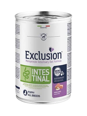 pork 400 gr. 6 x 400 gr. Exclusion Intestinal ühe valgu baasil konservsööt kutsikatele sealiha ja riisiga