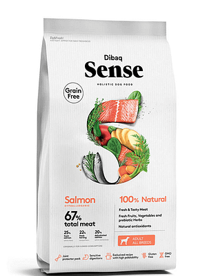 Dibaq sense salmon 12 kg. Dibaq Sense teraviljavaba täissööt igas suuruses täiskasvanud koertele lõhe ja heeringaga