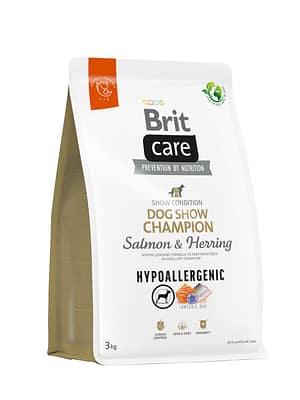 8595602559114.jpg 3 kg. Brit Care Hypoallergenic Dog Show Champion täissööt täiskasvanud koertele kala ja riisiga