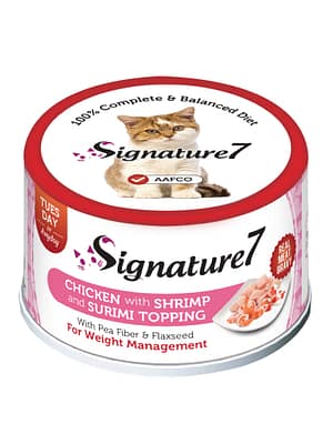 0013964339062.jpg 70 gr. Signature7 konservsööt igas vanuses kassidele liha kasmes kanaliha, krevettide ja surimiga